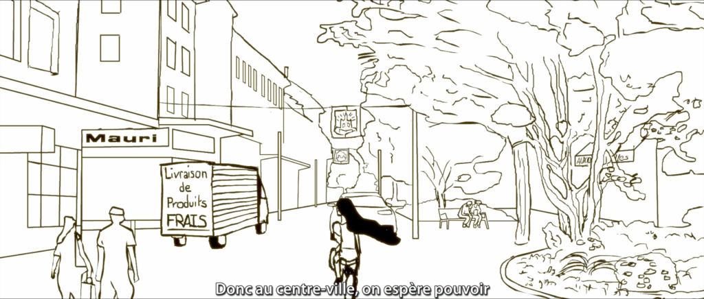 Black and white drawing of a green city